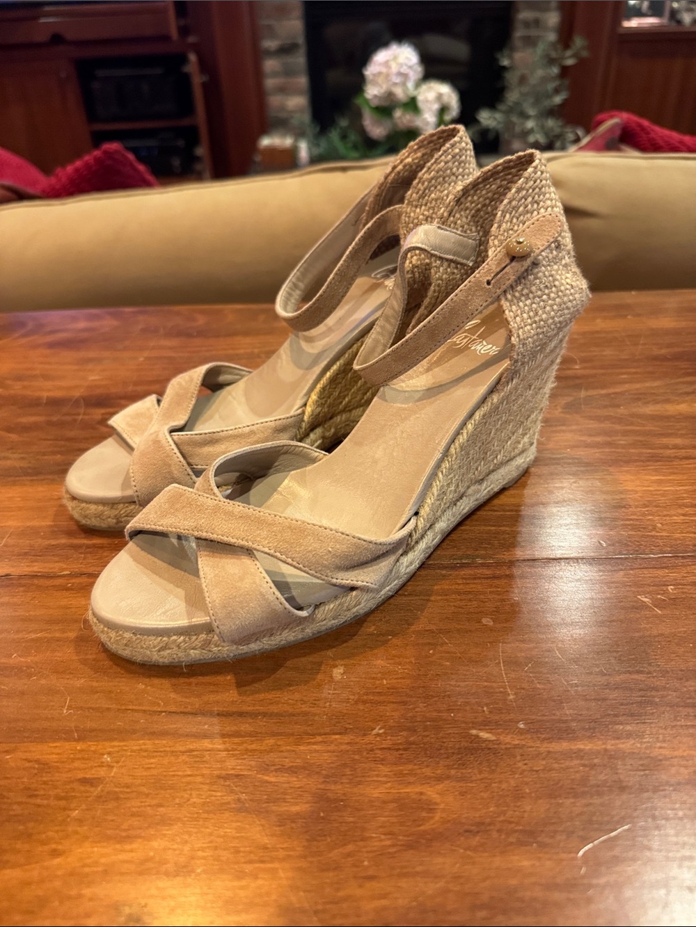 Castaner Bruna Espadrille Wedge Shoe 38 Taupe Sand Leather Open Casual Button